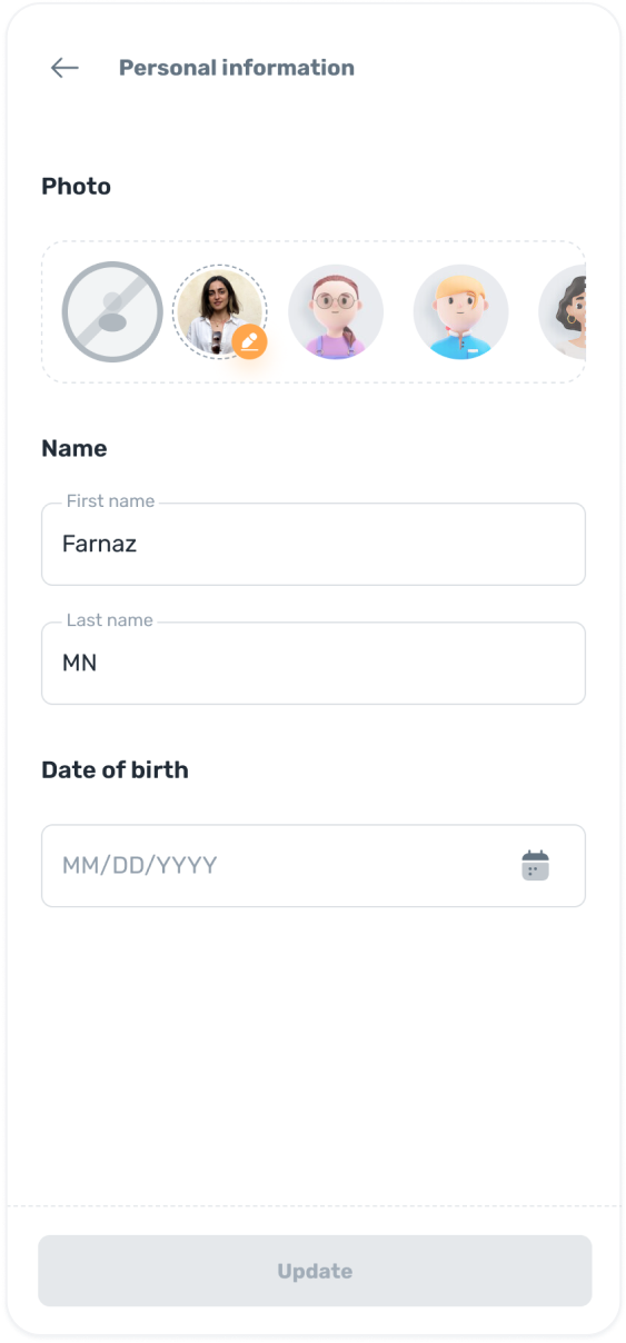 Profile picture, name, and date of birth